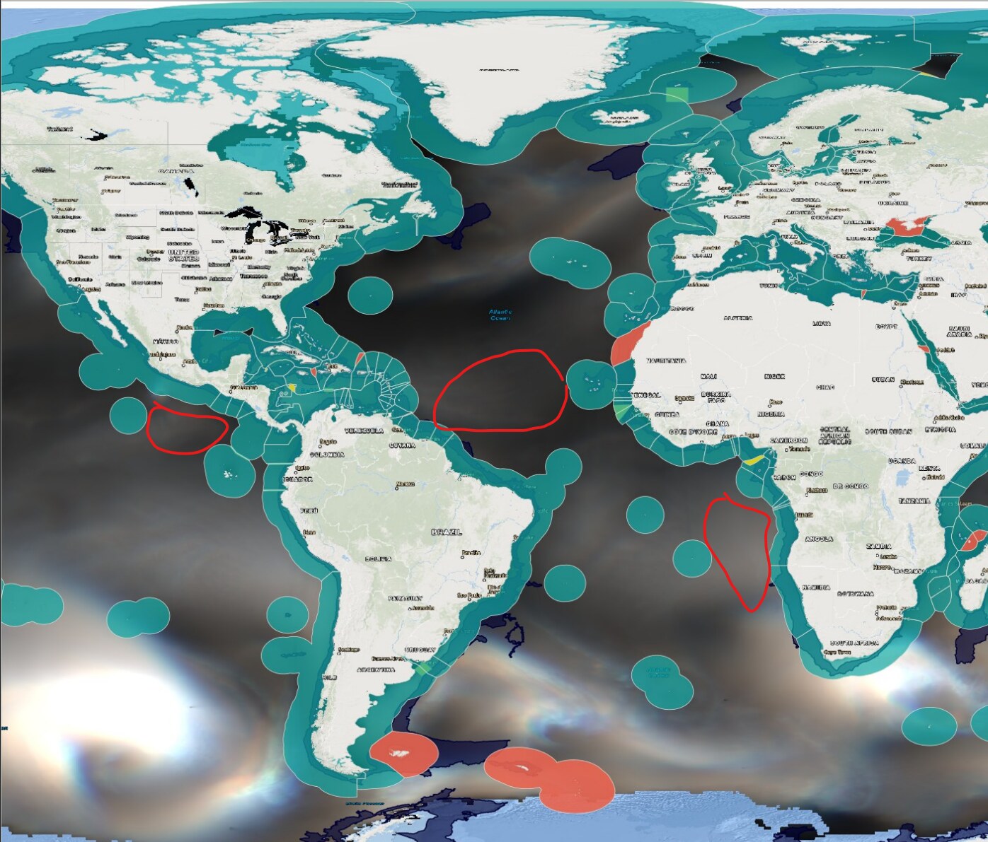 World map of exclusive economic zones with candidate offshore energy areas circled in red